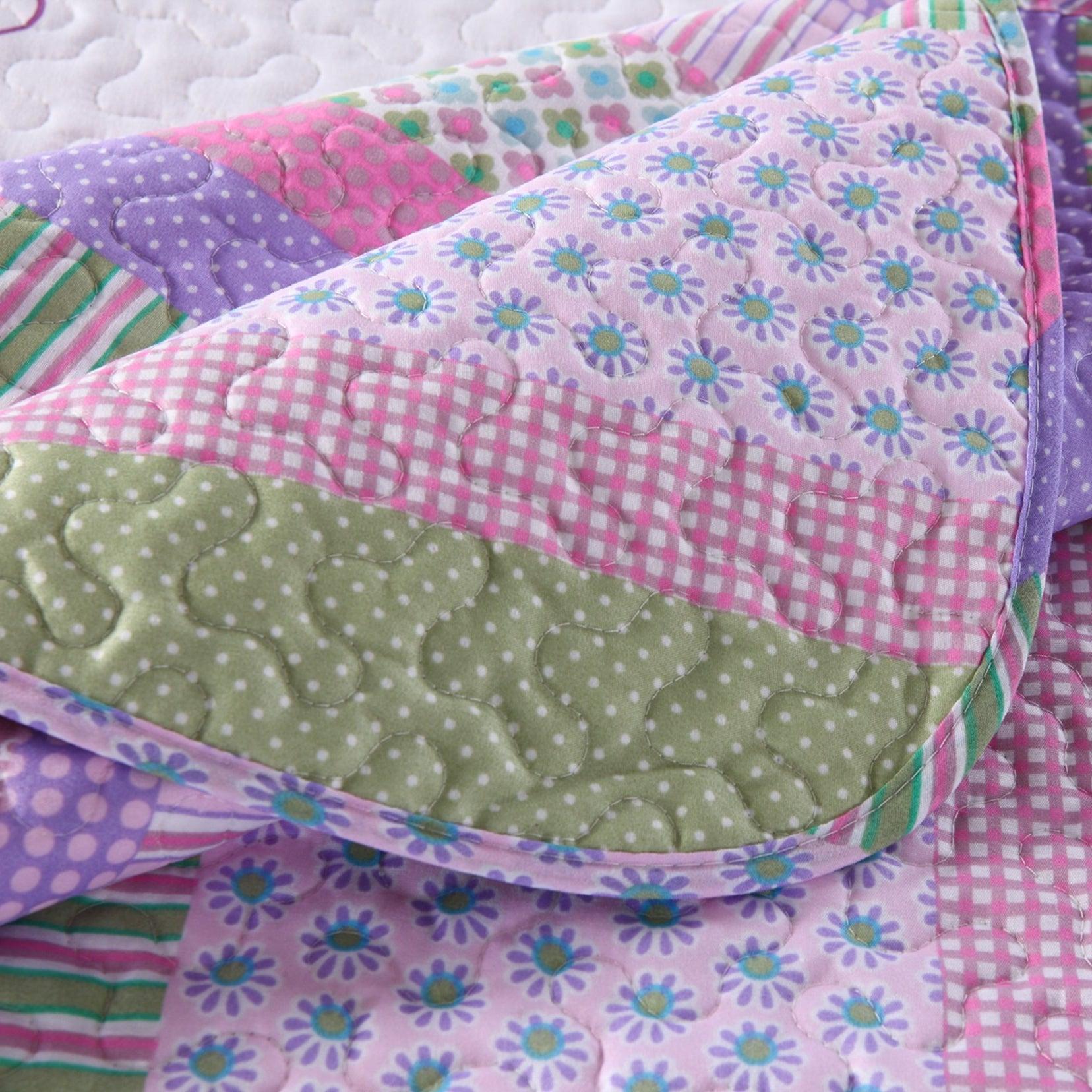 2/3 Piece ute Girls Floral Ladybug Quilt Set, Pink Purple Striped Patchwork Quilted Bedspread with Pillowcases, Soft Breathable Bedding, Kids Bedroom Decor