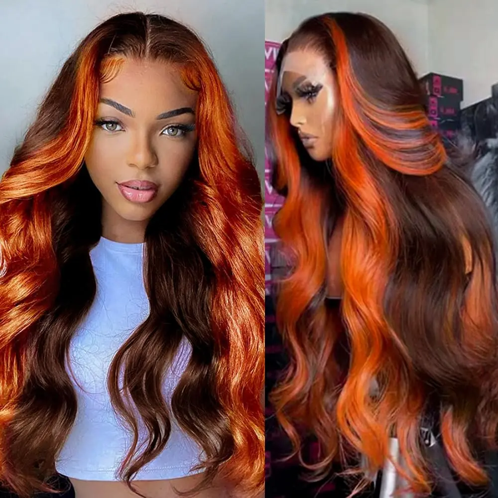 Bling Hair 180% Density Body Wave 13x6 Lace Front Wigs Human Hair Pre Plucked Highlight Ginger Orange Colored Human Hair for Black Women