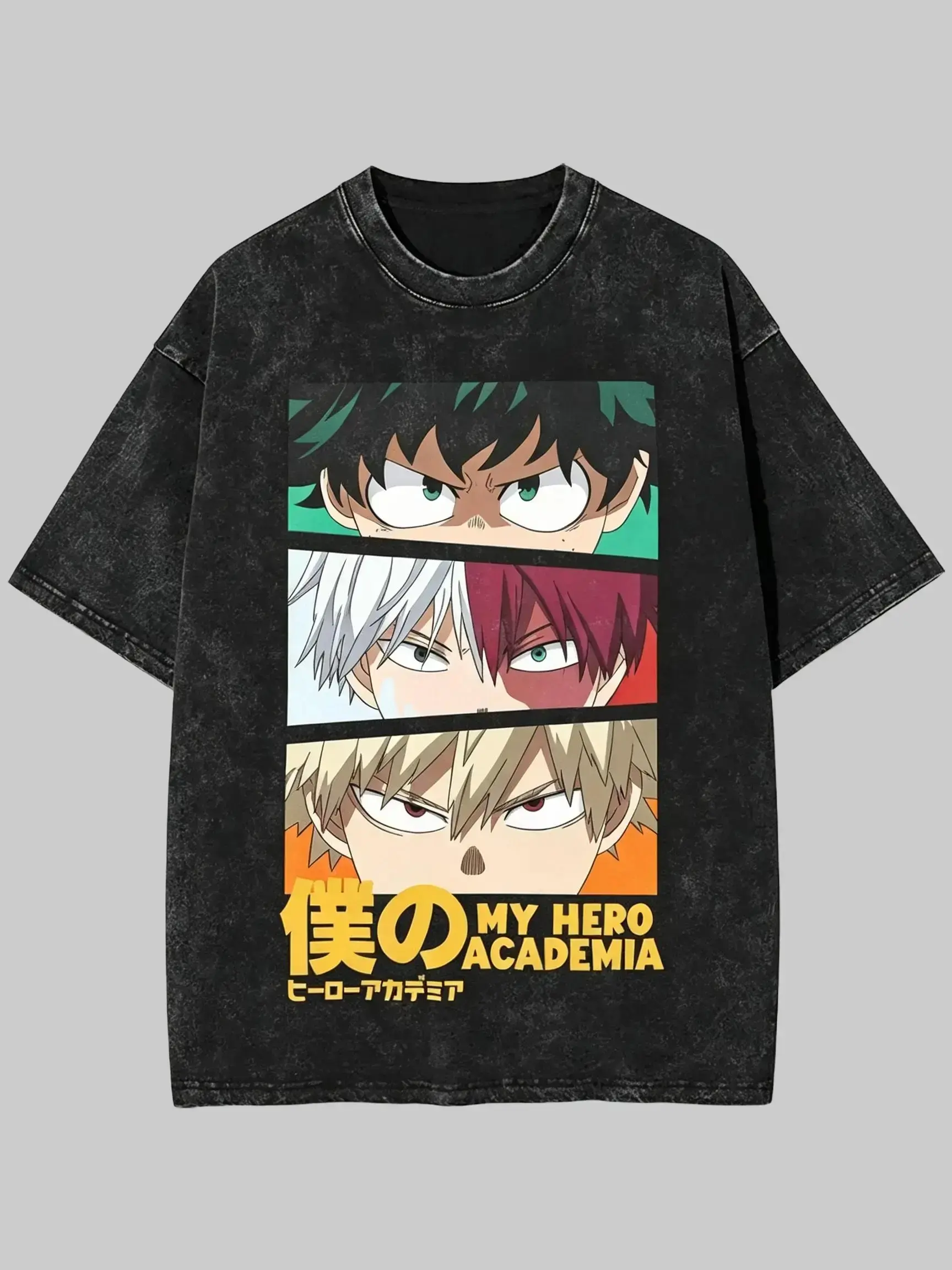 My Hero Academia Deku Bakugo Todoroki Vintage Washed Graphic Tee Oversized Heavyweight Cotton Anime Streetwear Boxy Fit Drop Shoulder Relaxed Fit Y2K Casual Unisex T Shirt