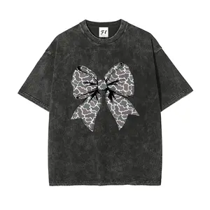 Vintage Acid Wash Oversized T-Shirt, Camo Bow Graphic Tee, 100% Cotton Heavyweight Streetwear Top, Distressed Mineral Wash Loose Fit Short Sleeve for Women