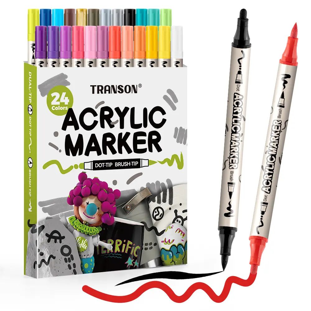 TRANSON High-Quality Dual-Tip Acrylic Paint Marker Pen Set - Felt & Brush Tips for Canvas, Rock DIY Painting, Boosting Creative Art Ideas & Artistic Possibilities