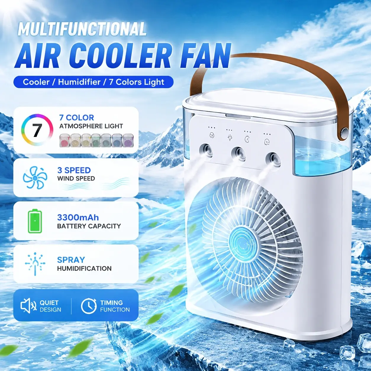Portable air conditioner fan desktop mist fan USB rechargeable, with colorful LED ambient lights, comes with timer and rotation functions, strong wind, three-speed settings, suitable for home, office, or dorm use