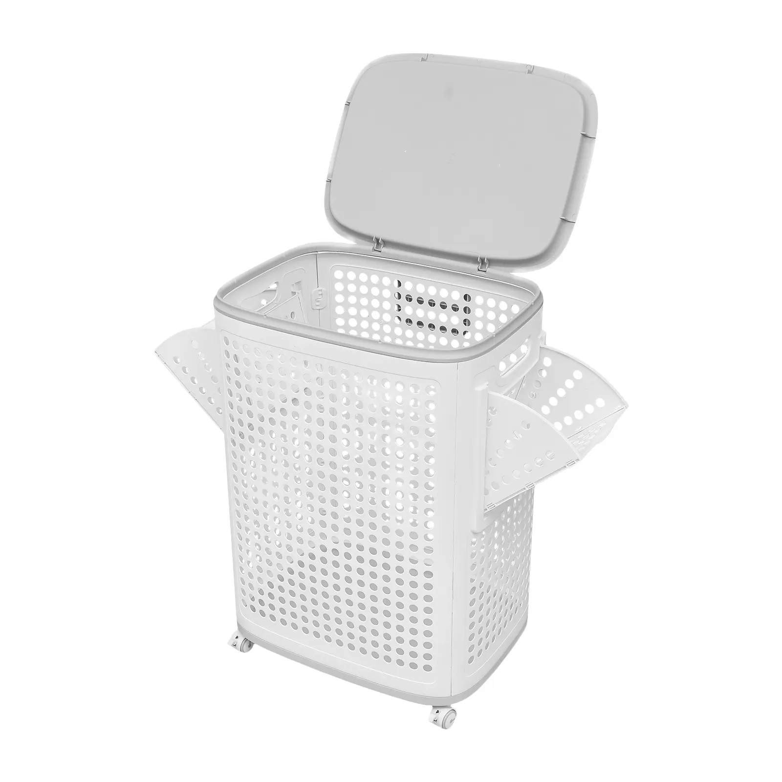 70-liter large-capacity laundry basket with wheels and lid, rollable design, white plastic, foldable dirty clothes hamper with two side storage baskets, ventilated mesh clothing storage basket, suitable for bathroom, bedroom, dormitory, and home use