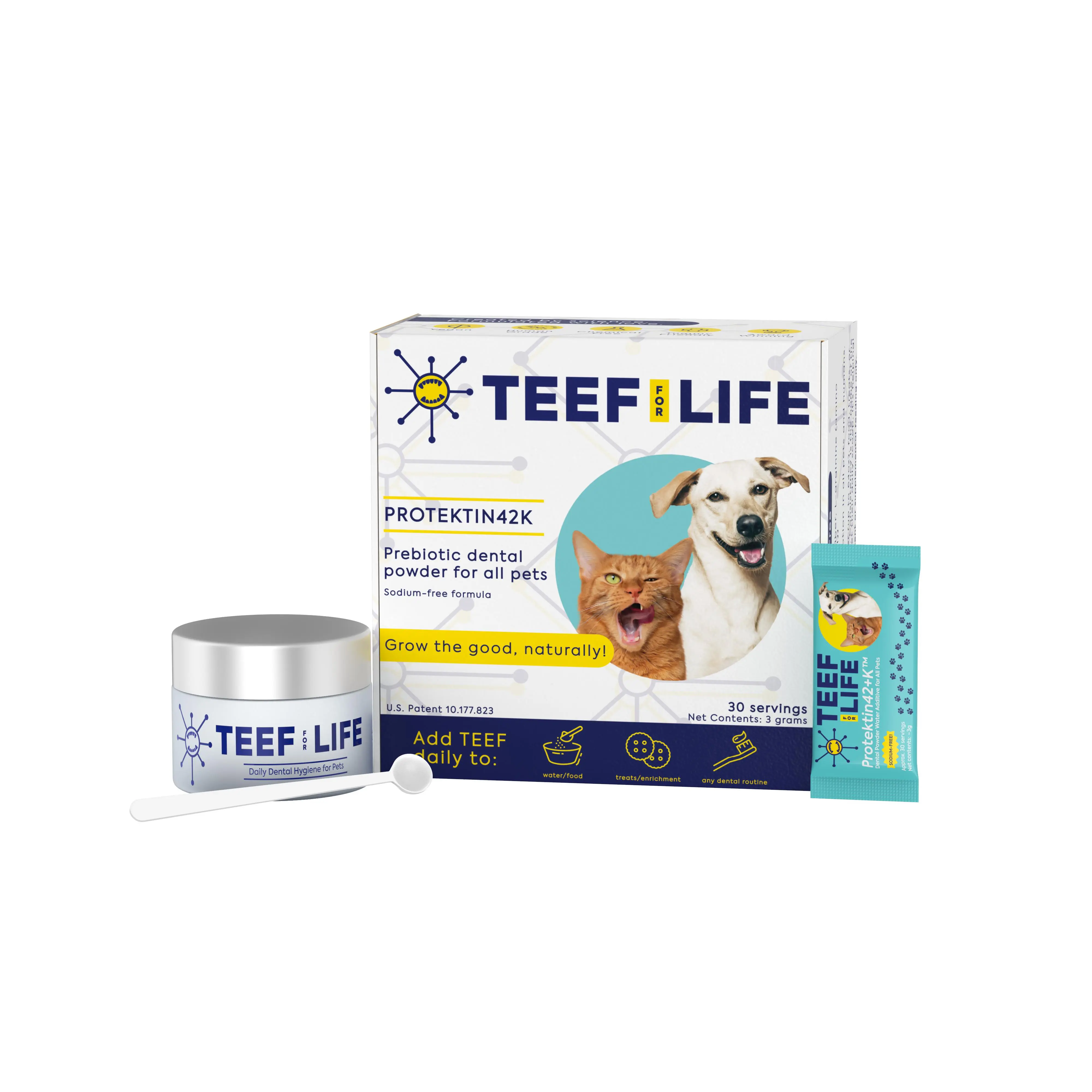 TEEF for Life - Protektin42K - Kit: Prebiotic Dental Powder for ALL pets (Sodium-free) Toothbrush Kittens Cleaner