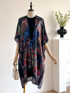 Women's Floral Print Paisley Shawl Collared Cape Coat, Boho Style Casual Open Front Outerwear for Beach Vacation, Ladies Clothes for All Seasons, Womenswear