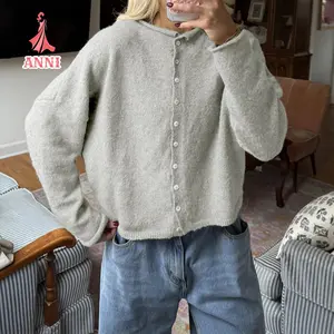 Knit Cardigan for Women Fashionable Versatile Solid Color Long Sleeve Loose Button Down Sweater