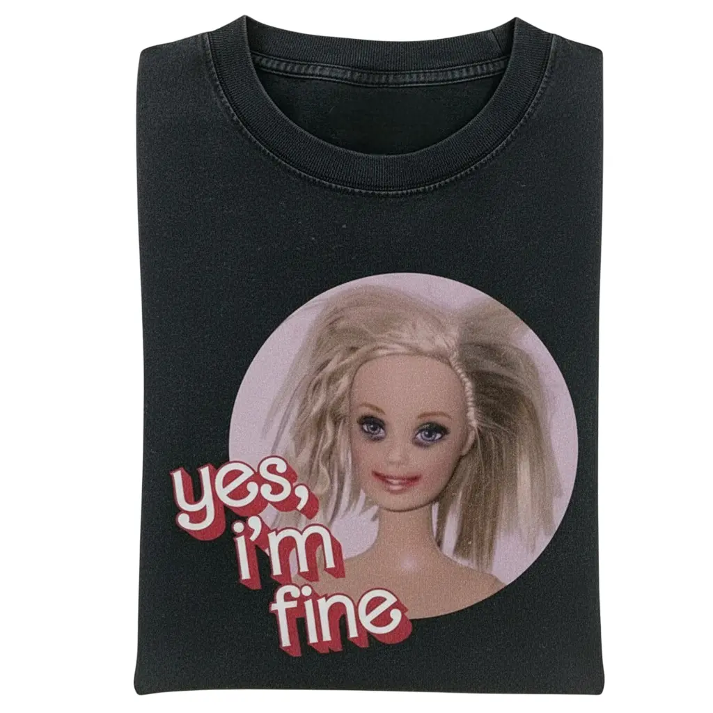 Cute "Yes I'm Fine" Barbie T-Shirt, Funny Sarcastic Doll, Messy Hair Don't Care, Y2K Grunge Aesthetic, Mental Health Humor, Oversized Unisex Crewneck	