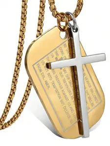 Fashion Stainless Steel Engraved Bible Verse Dog Tag Cross Pendant Necklace, Silver Gold Colors, Unisex Trendy Religious Jewelry