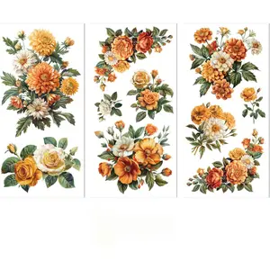 Rub on Transfer Decal Sticker for Furniture Craft Decor 6"x12" Orange Yellow and White Flowers, 3Pcs Waterproof UV DTF Transfer for Drawer Dresser Glass Porcelain  Plastic