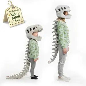 Wearable Dinosaur Skeleton Plush Toy - 3D Dino Skull Headgear with Spine Pillow for Halloween Cosplay, Funny Costume Outfit for Adults Kids, Creative Stuffed Animal Gift for Couples Friends