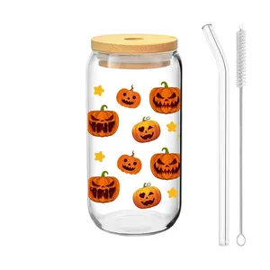 Halloween Glass Cup Set, 16oz Pumpkin Pattern Drinking Glasses with Glass Straw & Brush, Perfect Halloween Decorations, Ideal Gift for Spooky Season