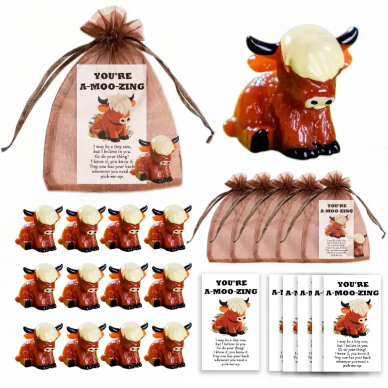 12sets[36pcs Highland Cattle Ornament Gifts] Highland Cattle Party Favors Set, With Resin Ornament, Inspirational Card, Brown Organza Bag, For Cattle Themed Celebrations, Farm Party Gatherings, Birthday Holiday Celebrations, Gifts Of Encouragement