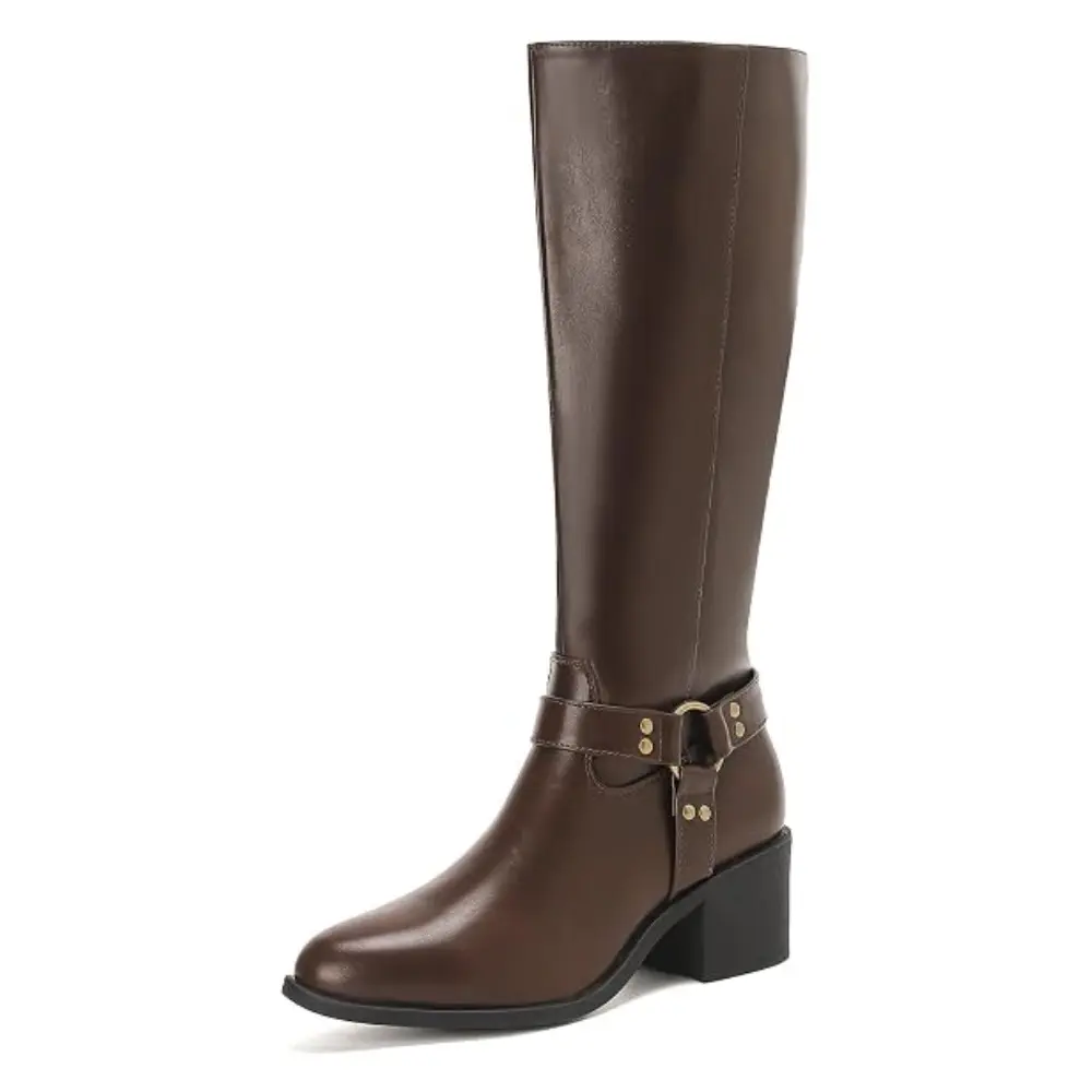 Women's Riding Boots Block Heel Knee High Boots Almond Toe Fall Boots with Buckle