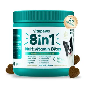 Vitapaws 8in1 Multivitamin Bites for Dogs - 120 Soft Chews with Fish Oil & Chicken Flavor - Supports Muscle Joint Skin & Coat Health