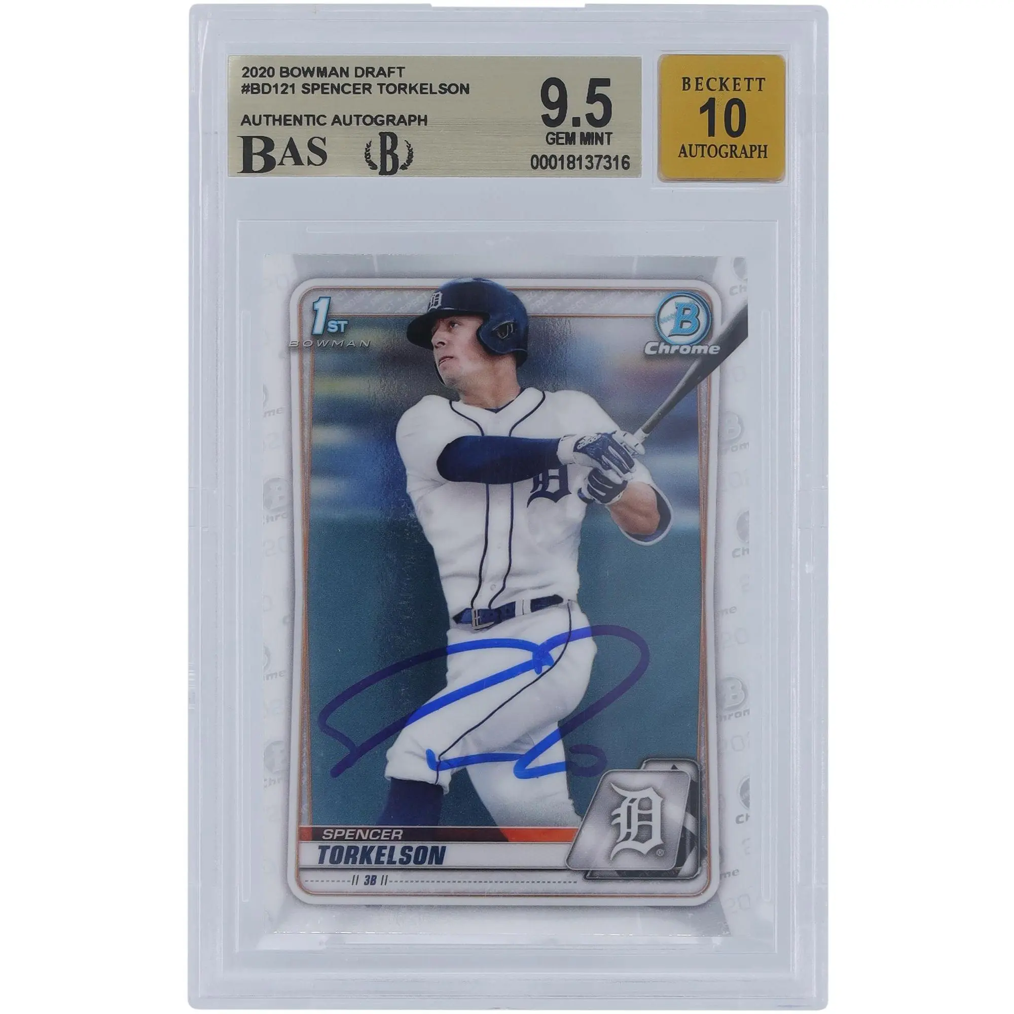 Spencer Torkelson Detroit Tigers Autographed 2020 Bowman Chrome Draft #BD-121 Beckett Fanatics Witnessed Authenticated 9.5/10 Card - Fanatics Authentic Certified