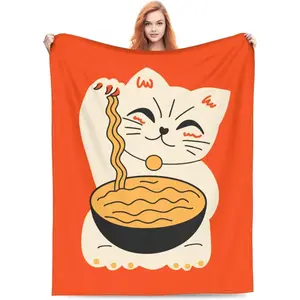 Cat Eat Ramen Noodles Blanket, Ramen Decor, Funny Food Blankets Ramen Lover Gifts Soft Comfortable Flannel Cozy for Couch Sofa All Season for Adults Kids Birthday Christmas Decorations Orange Cartoon