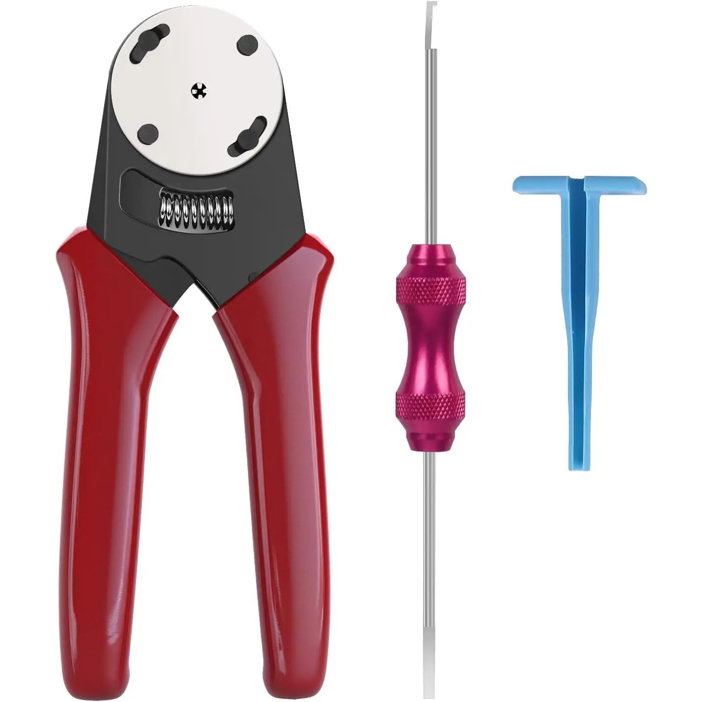 Deutsch Closed Barrel Crimper, Solid Barrel Contact & Circular Connector Contacts Crimping Tool (AWG 14-20) 4 Way Indent, 8 Impression Type,DT Connector ,0411-310-1605 Blue Push Wire Tool