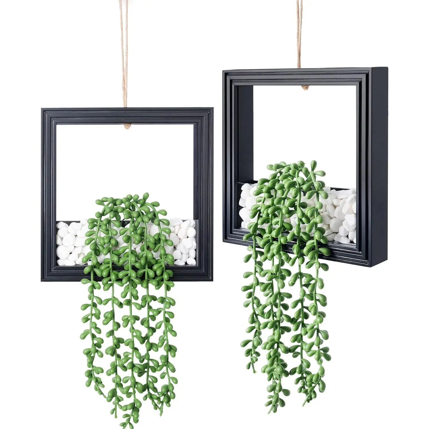 2 Pack Fake Plants Hanging, Artificial Succulents Plants in Square Wooden Frame with LED Lights, Boho Wall Decor for Office Living Room Bathroom Bedroom Kitchen Indoor Outdoor, Black