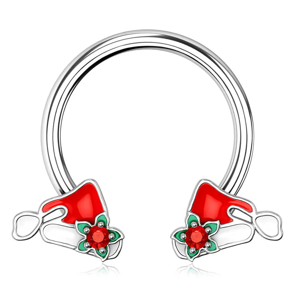 OUFER BODY JEWELRY 16G Christmas Santa Hat Horseshoe Ring with Gem, 316L Stainless Steel Holiday Piercing Jewelry for Septum, Cartilage & Nipple, Septum Piercing, Female, Snug