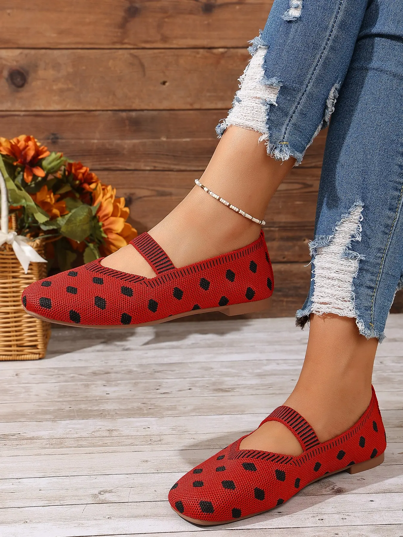 New Mesh Polka Dot Mary Jane Flat Slip On Shoes, Casual Flats, Breathable Textile Material, Lightweight Soft Sole, Casual Pointed Toe Design, All Seasons Comfort