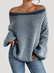 Women's Oversized Striped Knitted Sweater Off Shoulder Long Sleeve Pullover for winter 2026 Fashion Casual Knitwear Tops