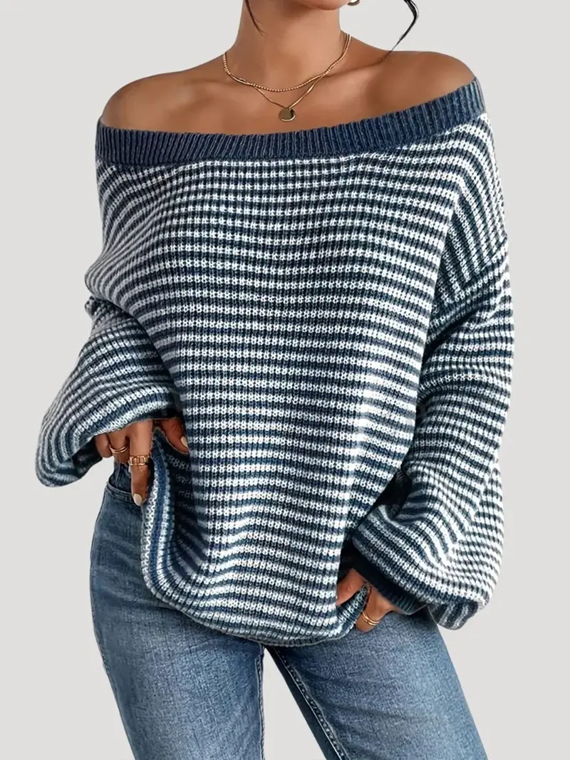 Women's Oversized Striped Knitted Sweater Off Shoulder Long Sleeve Pullover for winter 2026 Fashion Casual Knitwear Tops