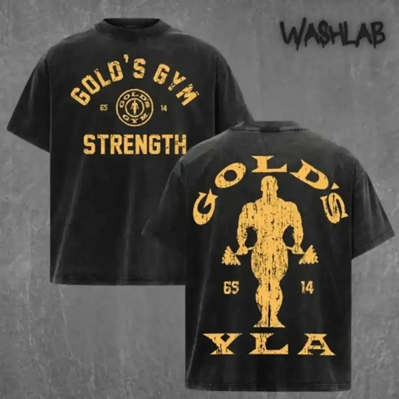 Retro Gold Gym Pump YoungLA Graphic Tee Washed – Double Sided Print Oversized Acid-Washed Heavyweight Cotton T-Shirt – Unisex Bodybuilding Tee, Perfect Gift for Muscle Gym Fans and Lovers Menswear Tops PGE BA5 BH2