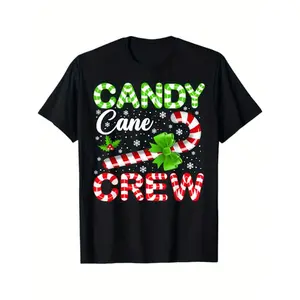 Candy Cane Crew Family Matching Christmas Cotton T-Shirt, Shortleeve Round Neck, Comfortable Fabric, All-Season Breathable Casual Style, S-3XL Black Fitted Crewneck Top for Women