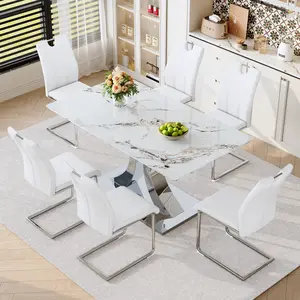 Dining Table Set for 6, Kitchen Table Chairs Set of 6,Rectangular Dining Table,Modern Dining Room Set 63'' White Tempered Glass Rock Top & Adjustable Stainless Steel Base,PU Leather Upholstered Chairs, Suitable for Dining Room, Office, Kitchen Home