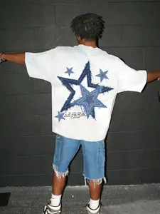 Men's Summer Street Style Denim Short Sleeve T-Shirt, Casual Fitted Design with Star Patchwork Print, Fall & Winter Fashion