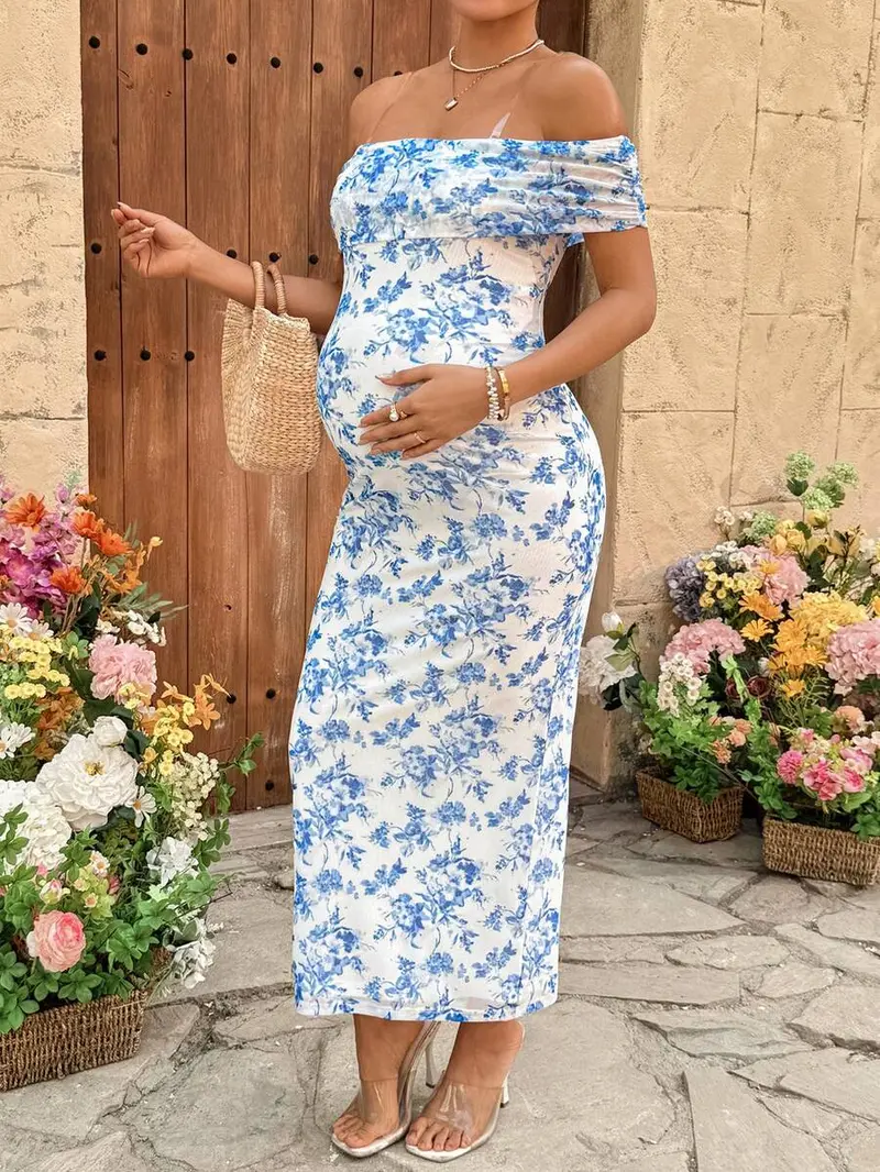 blue and pink maternity dress Colorful Maternity Dress for Photo Shoot High waist Woman Maxi Dres 16W / Picture Color
