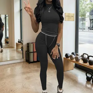 Women's Fitted Crew Neck T-Shirt and High Waist Leggings Two Piece Outfit Set - Casual Streetwear Matching Sets Biker Shorts Comfortable Stretchy Fabric Perfect for Daily Wear Gym Lounge Fashion Style