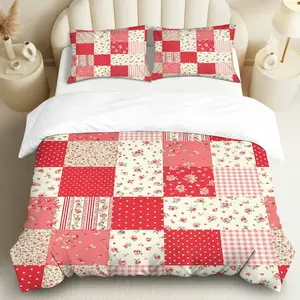 3PCS Duvet Cover Set, 1 Duvet+2 Pillowcases(Without filler), Floral Patchwork Vintage Country Cottage theme, Christmas bedding set,  Soft Comfortable Suitable for decoration Bedroom Living Room Guest Room Hotel.