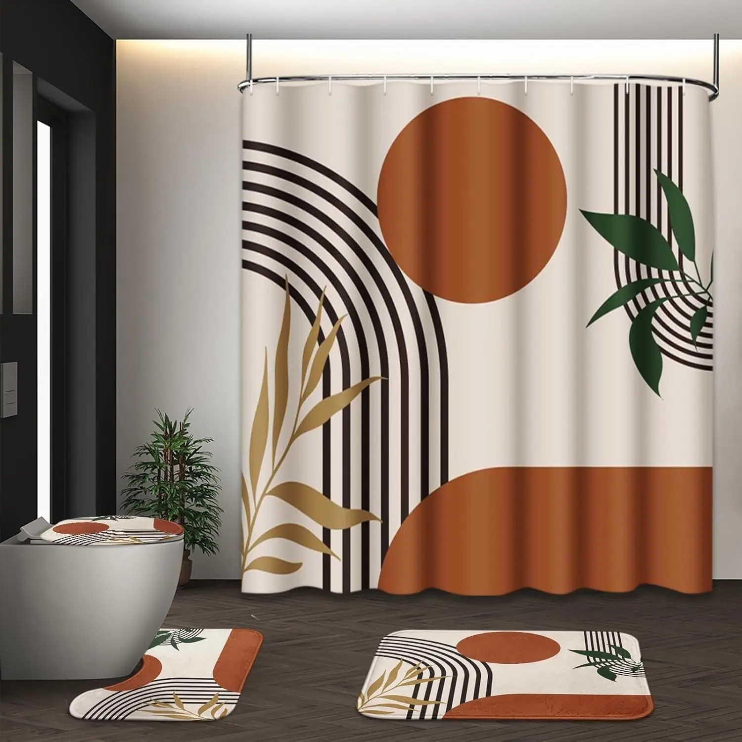 Boho Mid Century Shower Curtain Set with Toilet Lid Cover and Non-Slip Rugs, Abstract Geometric Modern Minimalist Shower Curtain for Bathroom Set with 12 Hooks