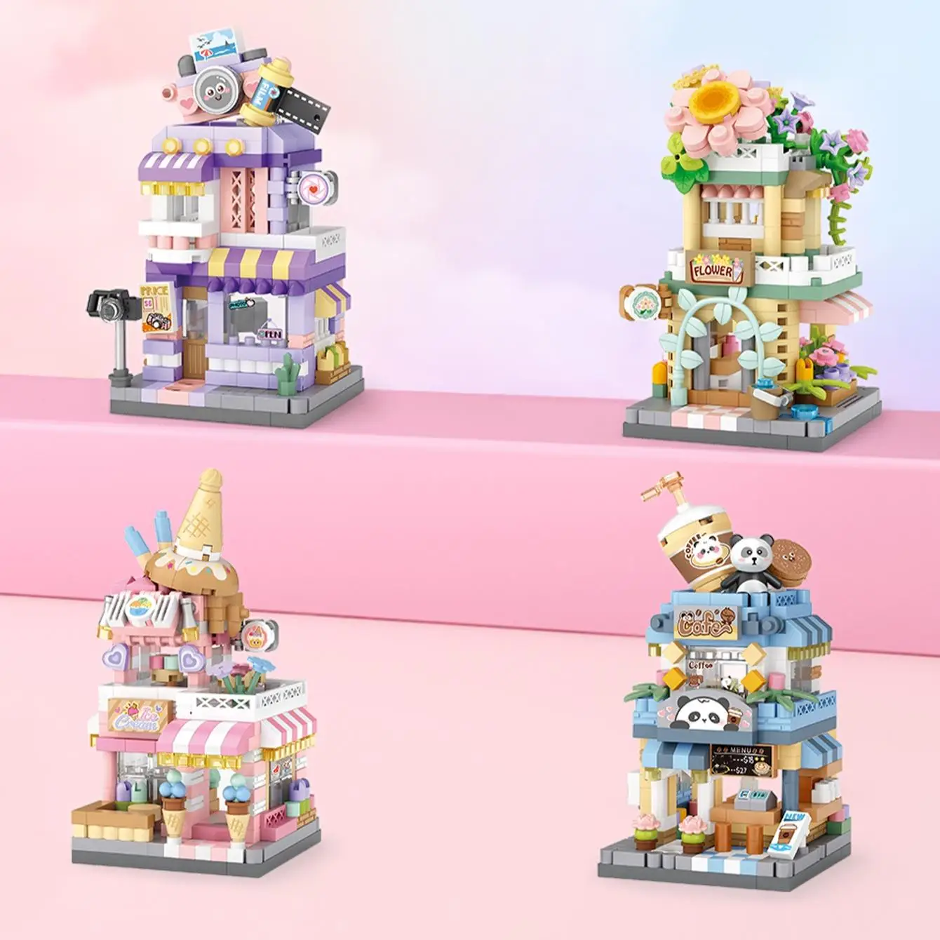LOZ Lizhi Street View Microblock Small Particle Children's Toy Cute Model Mini Decoration Gift Micro Diamond Street View - Ice Cream Shop