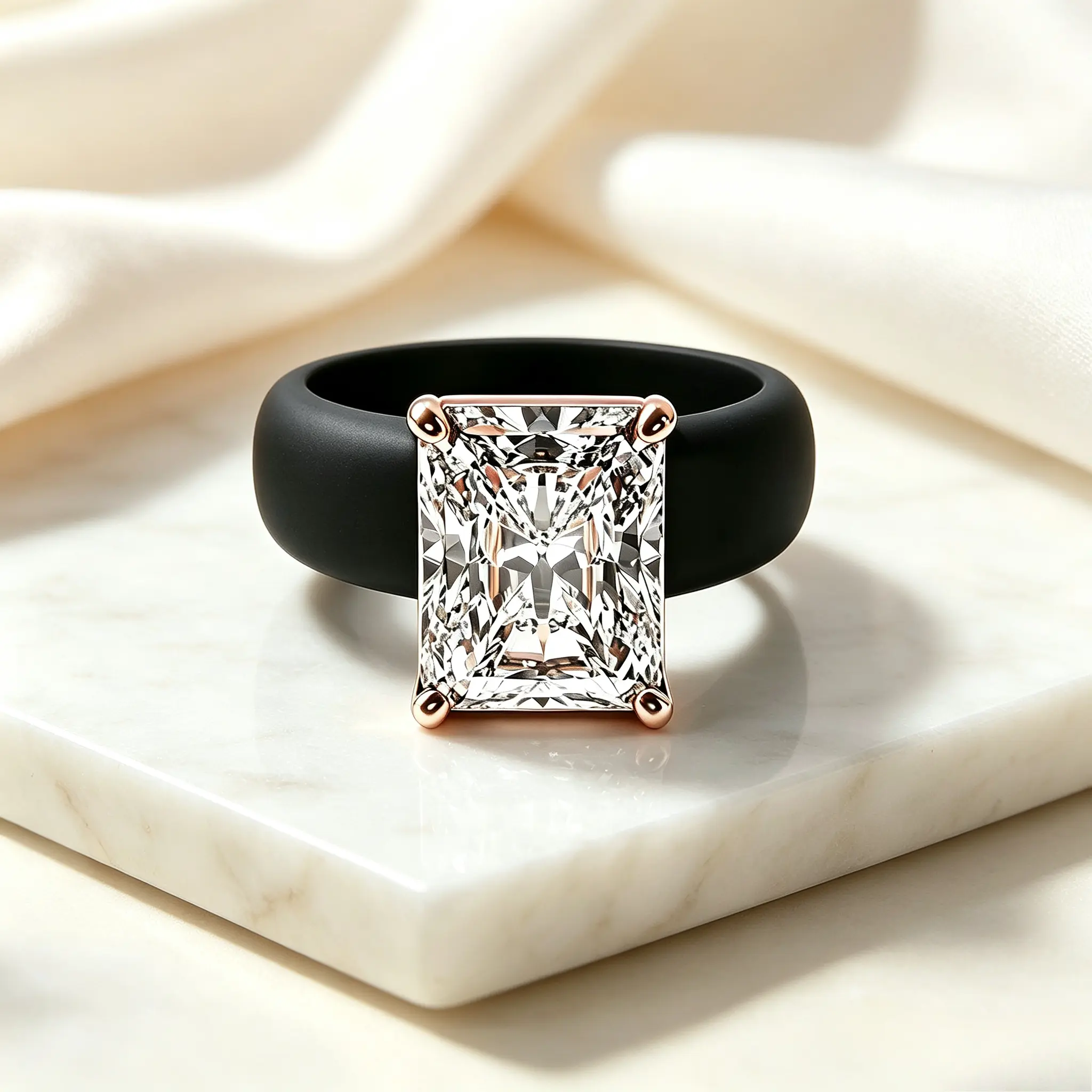 Women’s Radiant Cut Square CZ Silicone Ring - Rose Gold 4-Prong Setting, Flexible Band, Elegant Wedding Band Alternative, Trendy Daily Wear Costume Jewelry, Gift for Her