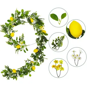 Artificial Lemon Garland with Fairy Lights, Greenery Vine with Vivid Fruit, White and Yellow Flowers, Home Garden Wedding Decoration