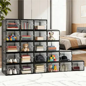 24 Pack Clear Plastic Stackable Shoe Organizer Box Collapsible Design Adjustable Standing Shelf for Closet Entryway Under Bed Space Saving Sneaker Container Bin Holder Toy Storage Bookshelf Rack