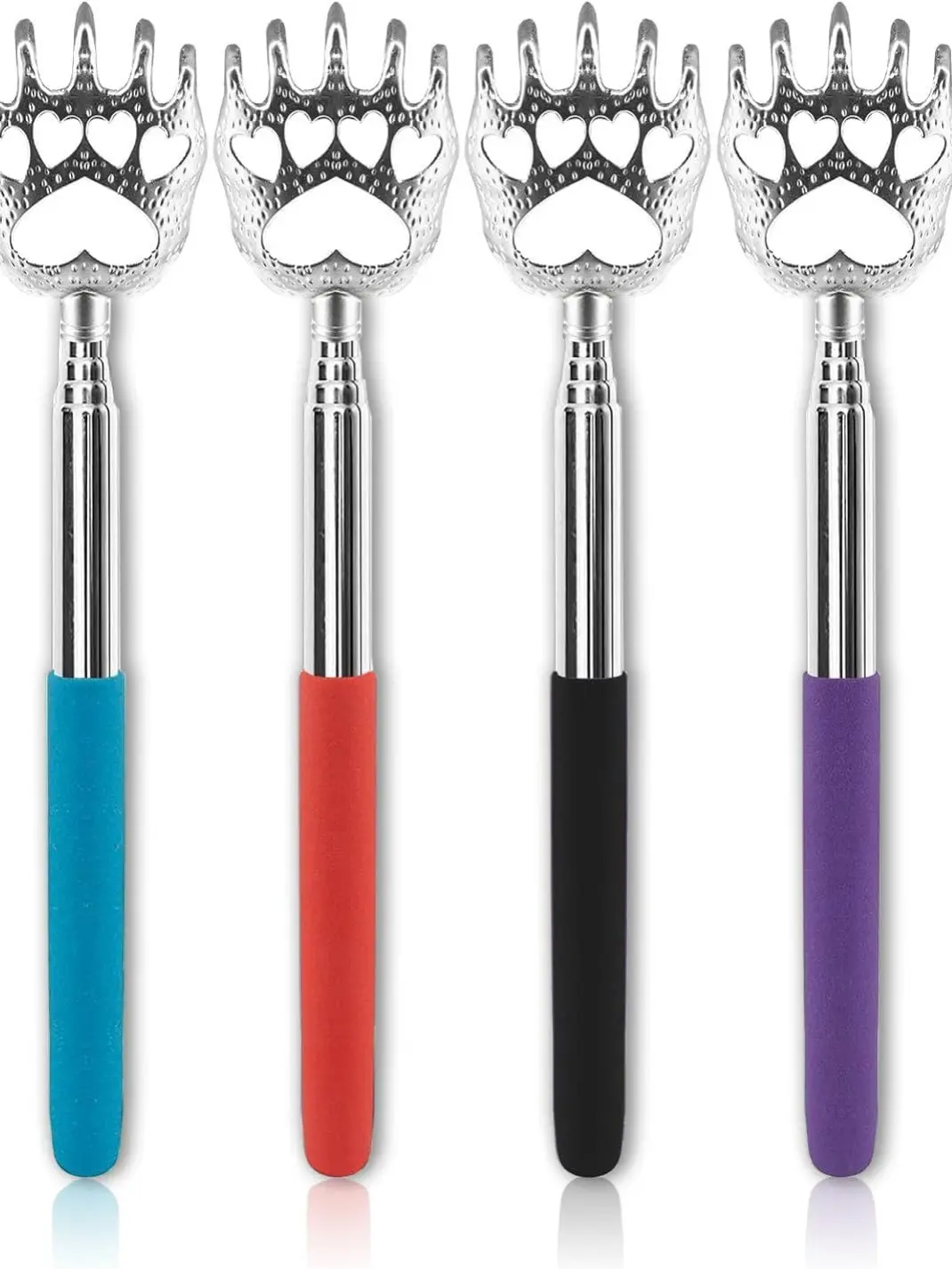 (4-Pack) Extendable Back Scratchers - Metal Claws with Telescopic Rubber Handles - Stocking Stuffers for Men, Women, Kids