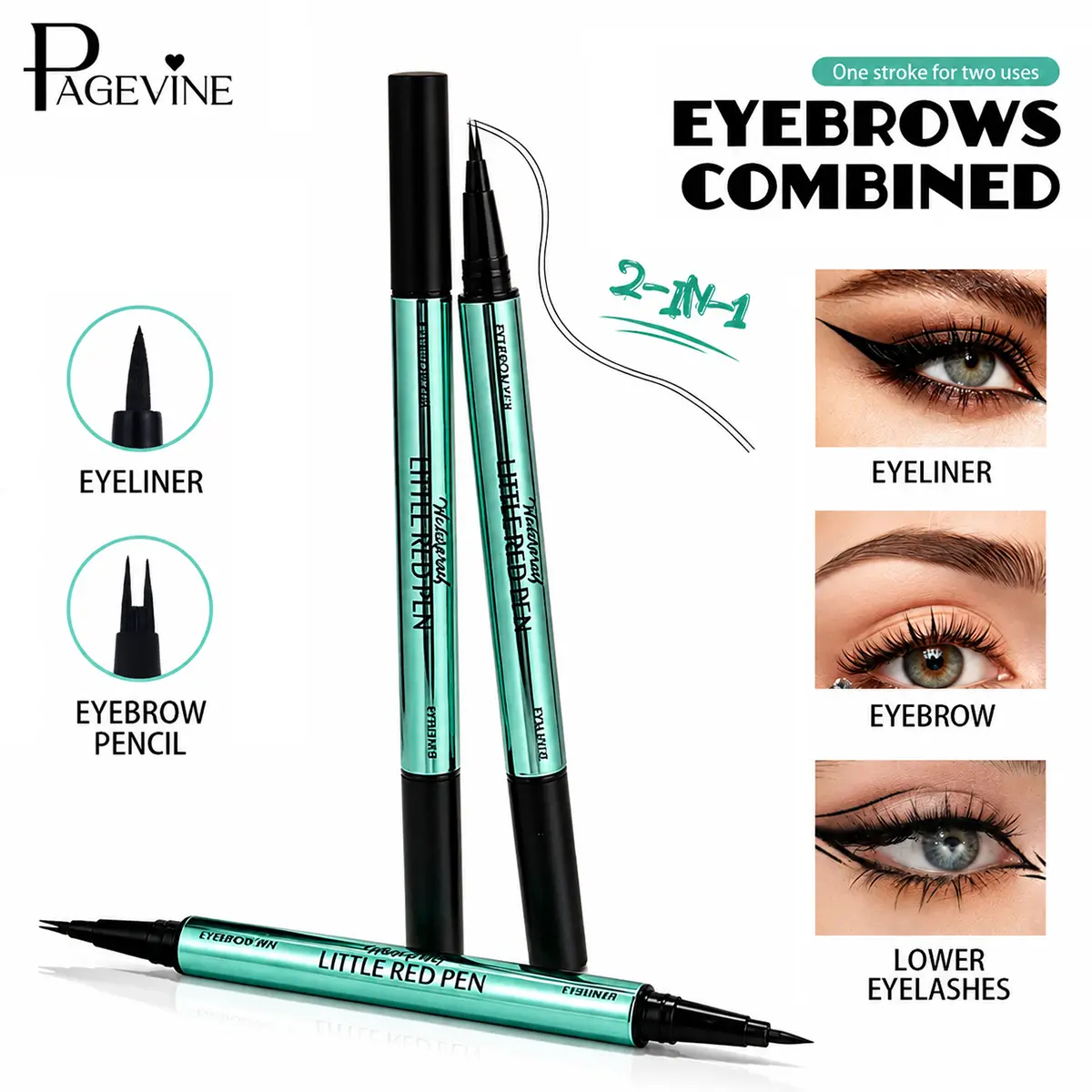 2-in-1 Eyeliner and Eyebrow Pen, Dual-Ended Microblade Brow Pencil & Ultra Fine Liquid Eyeliner for Natural Hair-Like Brows, Winged Liner and Lower Lash Makeup, Waterproof Eye Makeup.