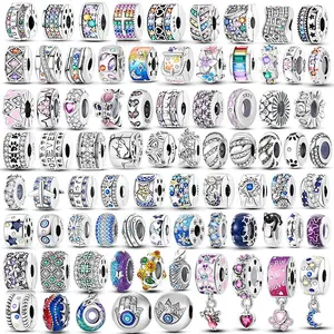 Lucky Clover Clip Charms 925 Sterling Silver Original Black Cat Stopper Clamp Silicone Spacer Charm For DIY Jewelry Bracelet