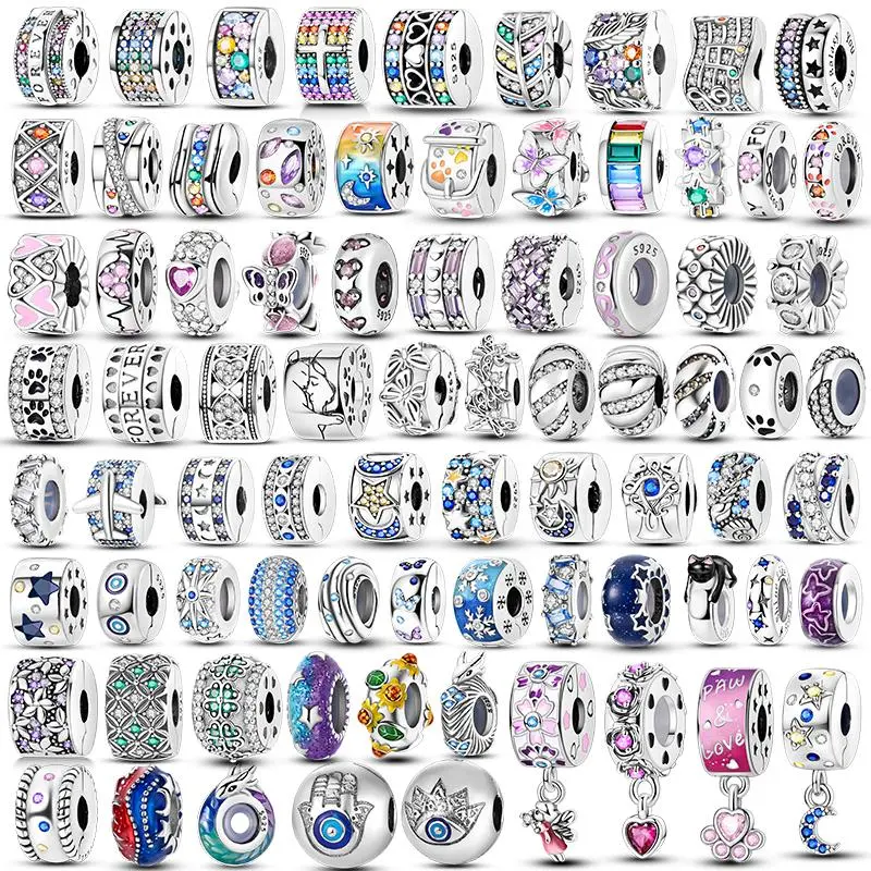 Lucky Clover Clip Charms 925 Sterling Silver Original Black Cat Stopper Clamp Silicone Spacer Charm For DIY Jewelry Bracelet