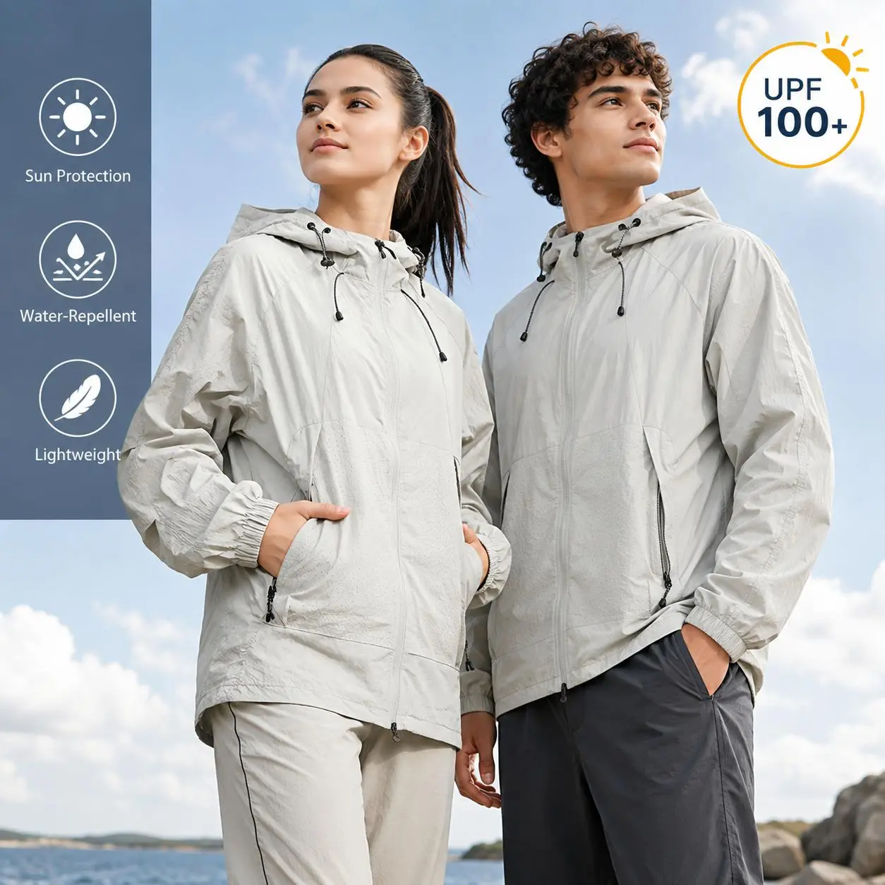 Unisex UPF 100+ Hooded Athletic Coat - Lightweight Sports Jacket, Oversized Cut Sun Protective Clothing, Breathable Workout Jacket, Full-Length Windbreaker with Zippered Pockets for Running, Hiking