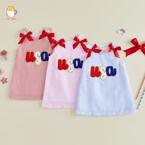 Toddler Girl 4th of July Dress Letter Embroidery Stripe Print Bow Decor Sleeveless A Line Dress