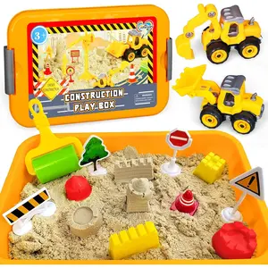 Construction Sensory Bin, Mess-Free Sandbox Playset with Glow in The Dark Stones, Play Sand with Toy Excavator and Bulldozer, Sensory Sand Activity Kit, STEM Gift for Boys Girls Ages 3-8