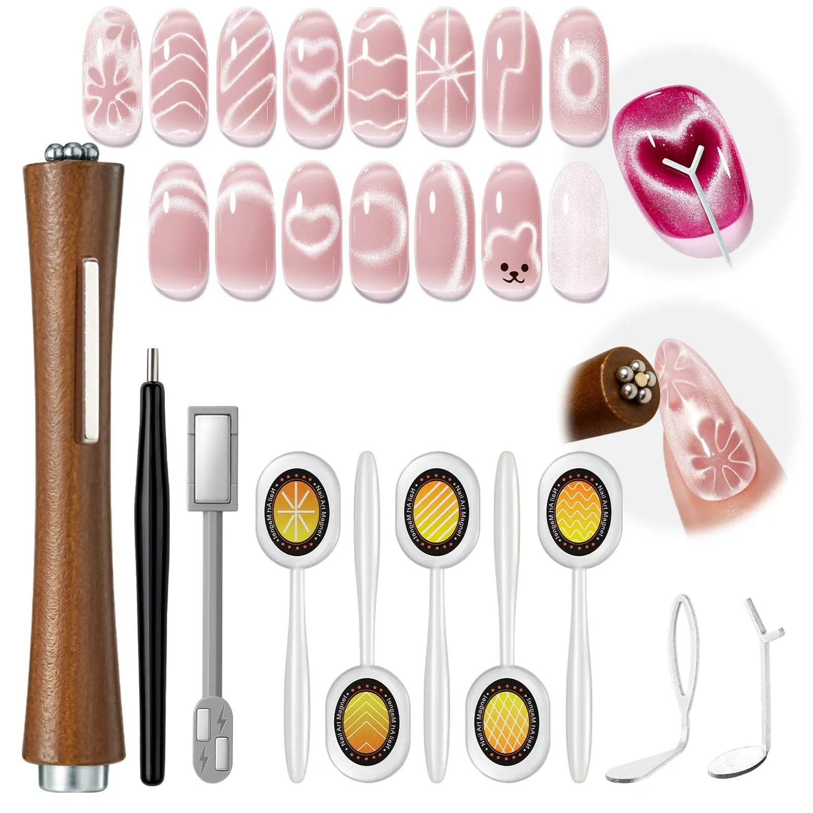 10PCS UV Steel Cat Eye Gel Polish Magnet Set, 3-in-1 Powerful Double-Head Nail Care Tools - Heart, Hole, Square, Lollipop Designs for Flower, French Effects, Ideal Gift