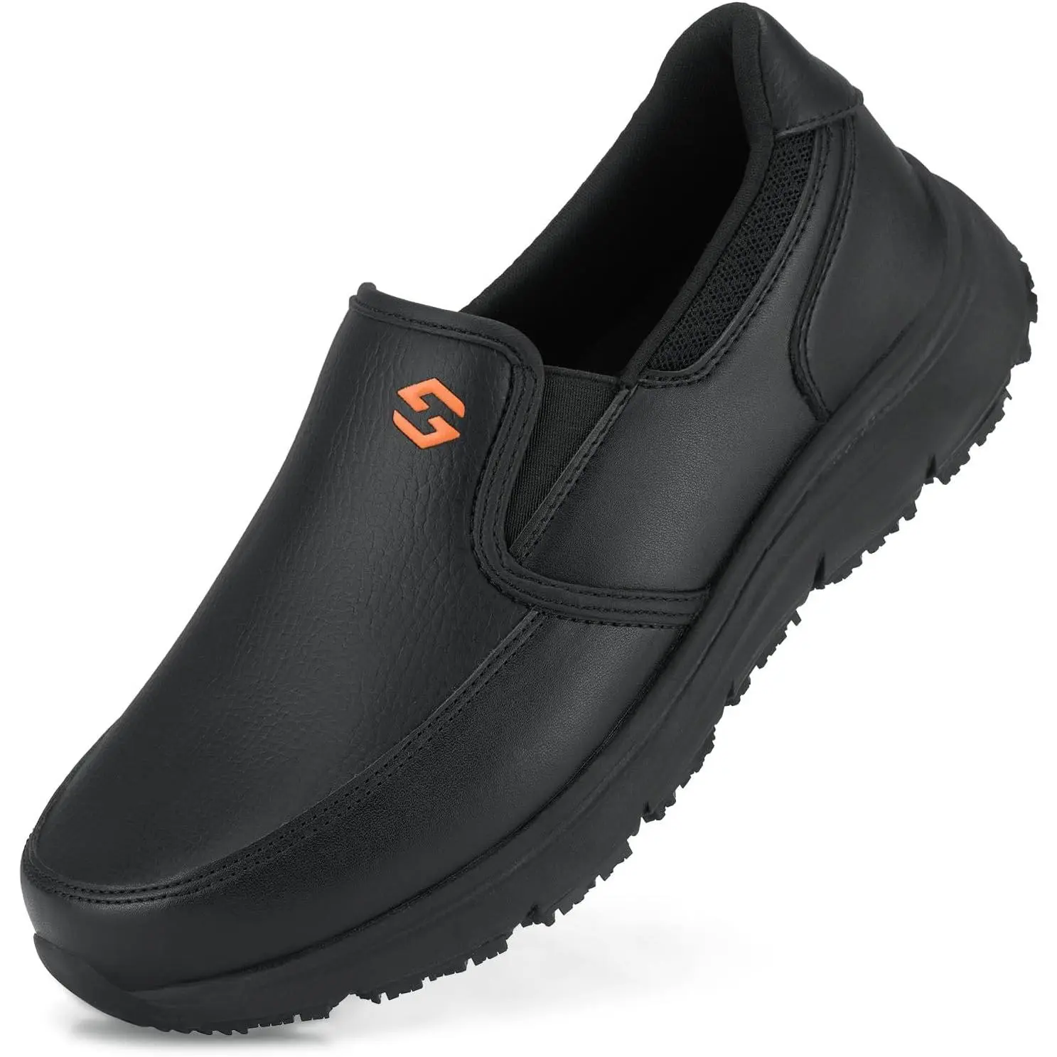 Work Shoes for Men, Water & Oil Resistant Leather Slip on Kitchen Shoes, Comfortable Mens Slip Resistant Chef Shoes for Restaurant Food Service, Lightweight Walking Shoes, Black