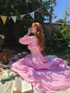 Gingham Puff Sleeve Skirt and Top, Cottage core Boho Matching Top & Maxi Skirt with Tassels Fairycore Festival Bohemian Outfit, Off-Shoulder Top