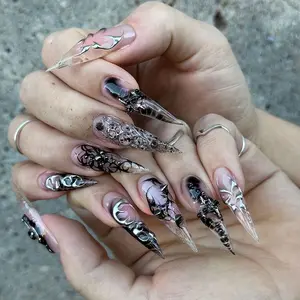 24 Pcs 3D Gothic Silver Almond Long Nails, Flame Skull Design, Glossy Reusable False Nails, Glossy Fake Nails, Party Halloween Daily Wear