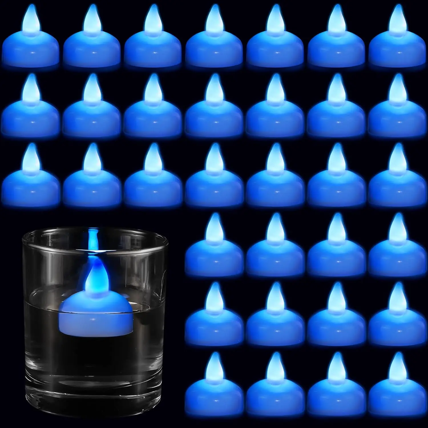 24 count Flameless Floating Candles for Centerpiece  LED Floating Tealights  Flickering Tealights for Weddings Pool Centerpiece Party Decor(Blue)